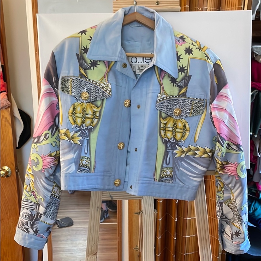 Blue and Pink Bomber Jacket with Floral Embroidery